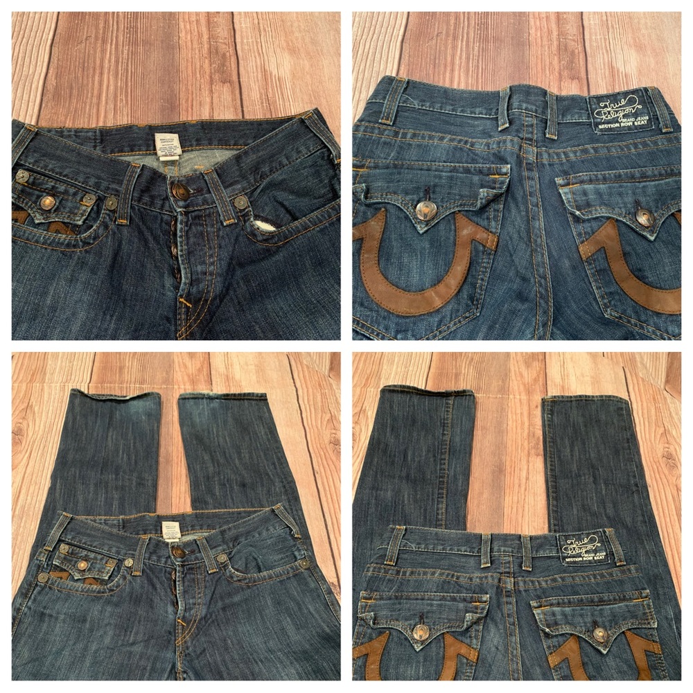True Religion Flap pocket size 32
Inseam 33”
5 pocket button fly Leather logo